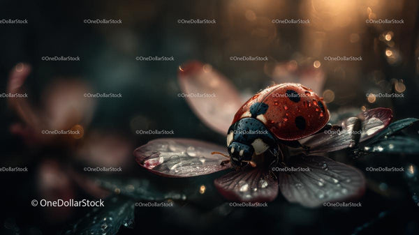 Ladybug on Dew-Kissed Petals in Morning Light