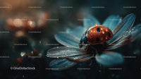 Ladybug on Dew-Kissed Flower Petals in Evening Light
