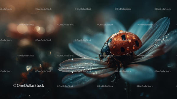 Ladybug on Dew-Kissed Flower Petals in Evening Light