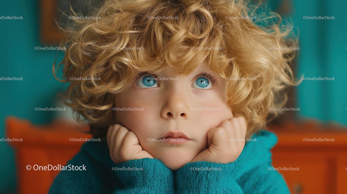 Marzycielskie dziecko z kręconymi blond włosami i niebieskimi oczami