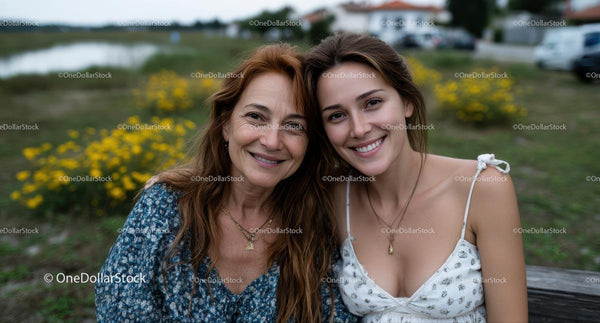 Mother and Daughter Smiling in a Flower-filled Park