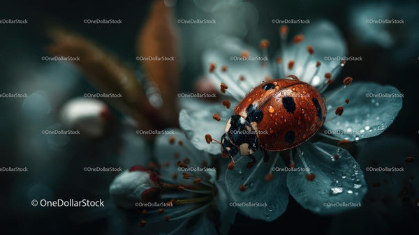 Ladybug on White Flower with Dewdrops in Garden