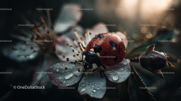 Ladybug on Flower Petal with Dew Drops in Soft Morning Light