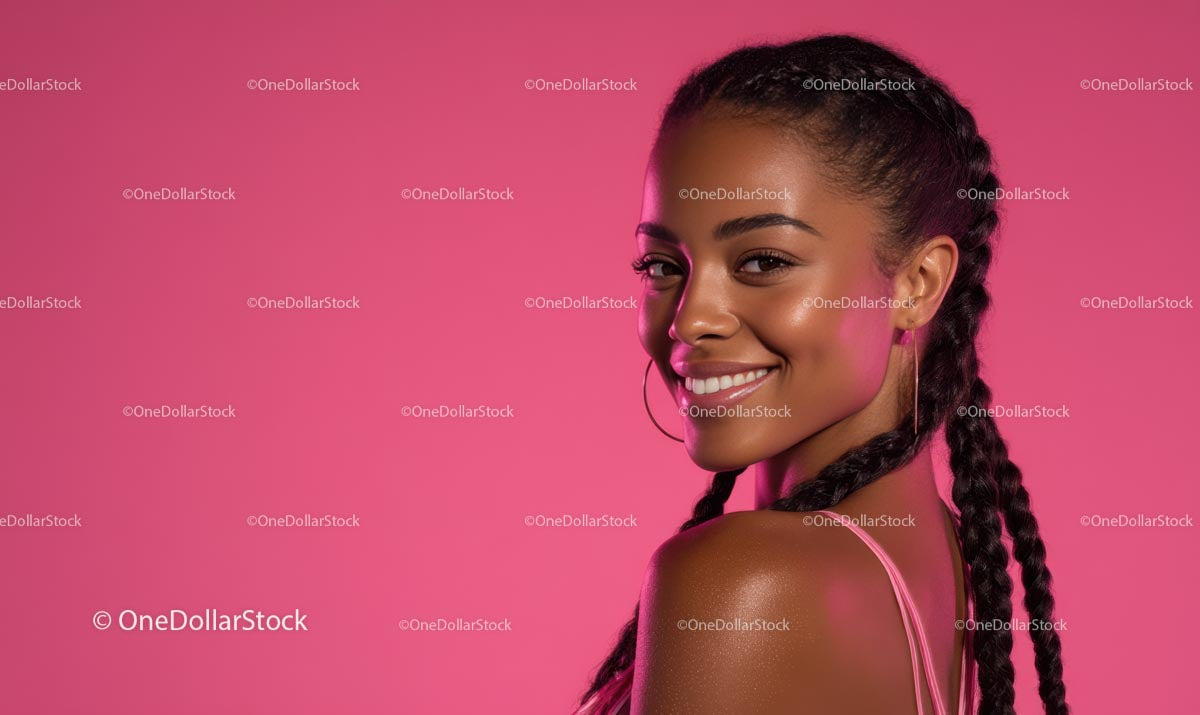 Beaming Woman with Rope Braids on a Pink Background
