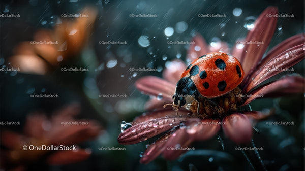 Ladybug Resting on Flower in the Rain