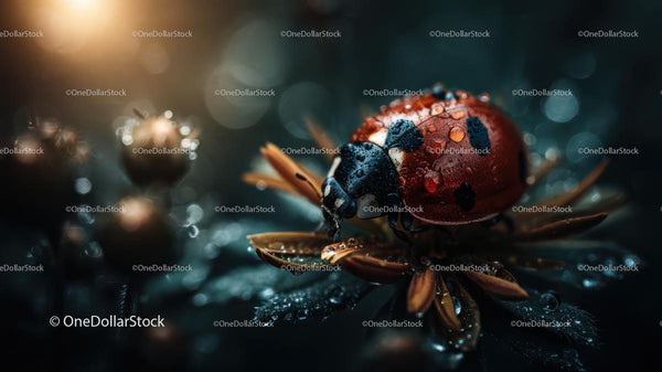 Ladybug Resting on Dew-covered Flower Petals