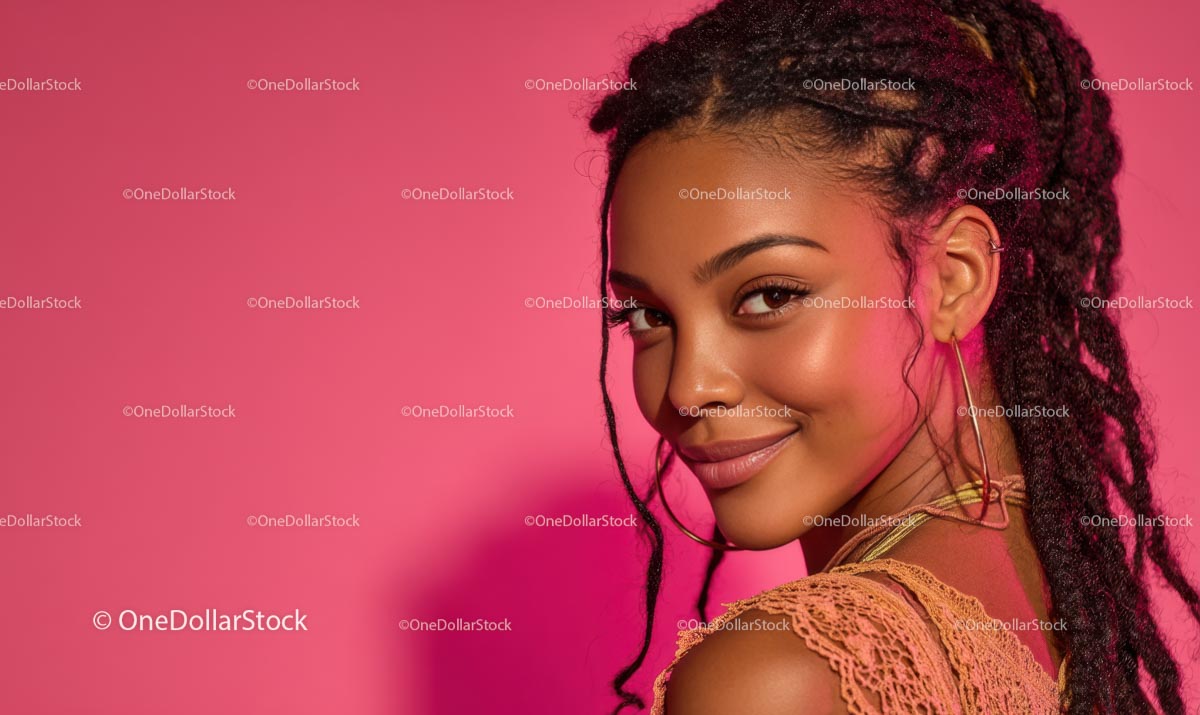 Contented Woman with Box Braids on Soft Pink