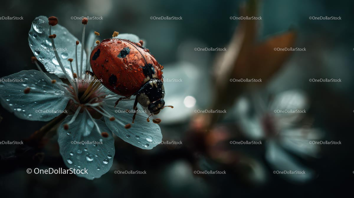 Ladybug Resting on White Spring Blossom with Dewdrops