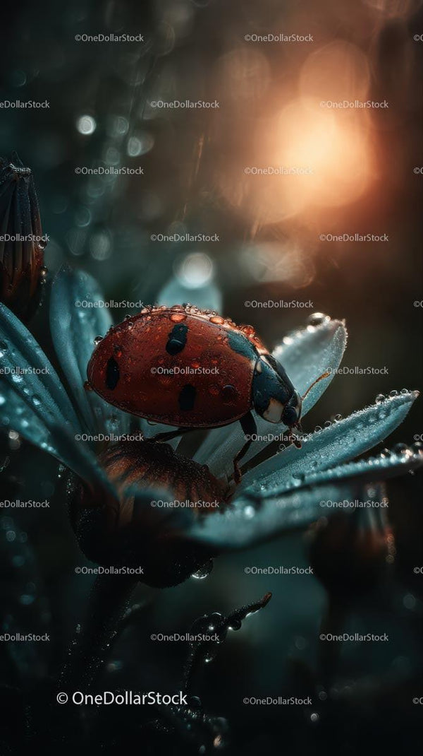 Ladybug Resting on Dew-Kissed Flower Petal