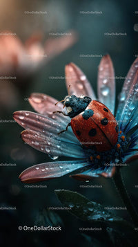 Ladybug Resting on Dew-Kissed Blue Flower Petals