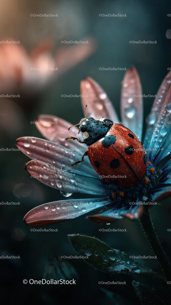 Ladybug Resting on Dew-Kissed Blue Flower Petals