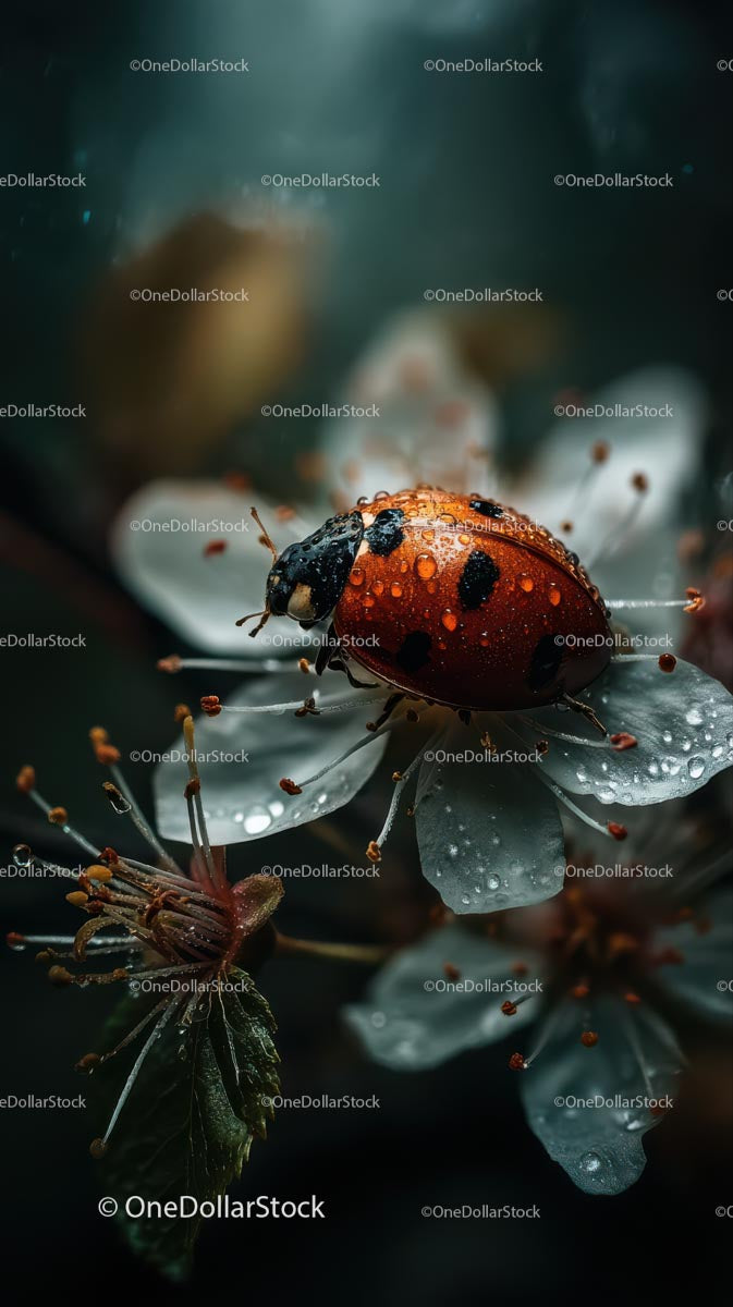 Ladybug on a Dew-Kissed Blossom in Close-Up