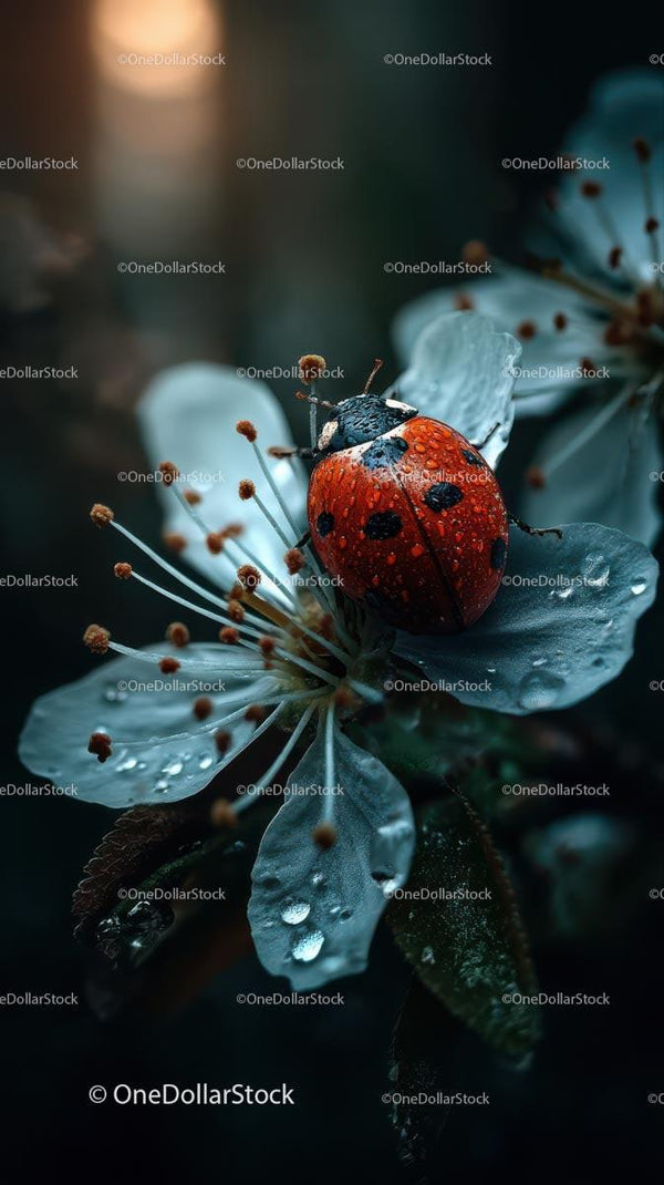 Ladybug Resting on Dew-kissed Blossoms