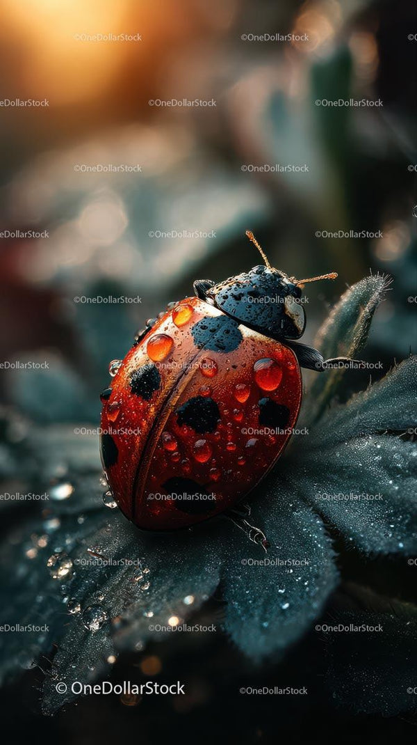 Close-Up of Ladybug with Dew on Leaf at Sunrise