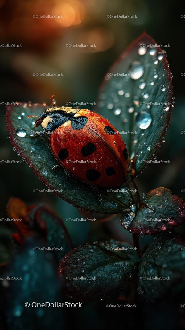 Ladybug Resting on Dew-Kissed Leaf in Morning Light
