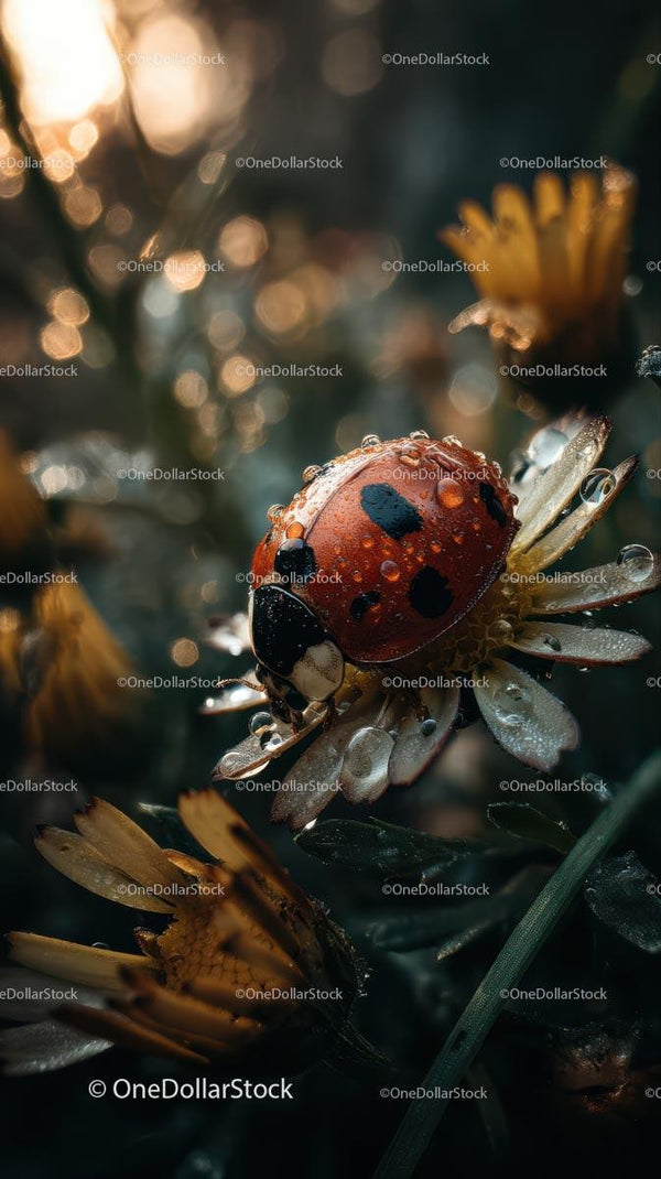 Ladybug Resting on Dew-Covered Bloom