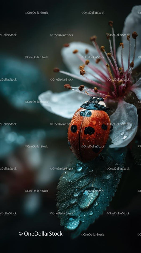 Ladybug on Cherry Blossom with Dewy Leaf