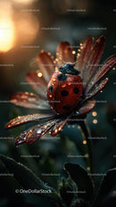 Ladybug Resting on Dew-Kissed Flower Petals