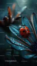 Ladybug on Dew-Kissed Blue Flower Petals
