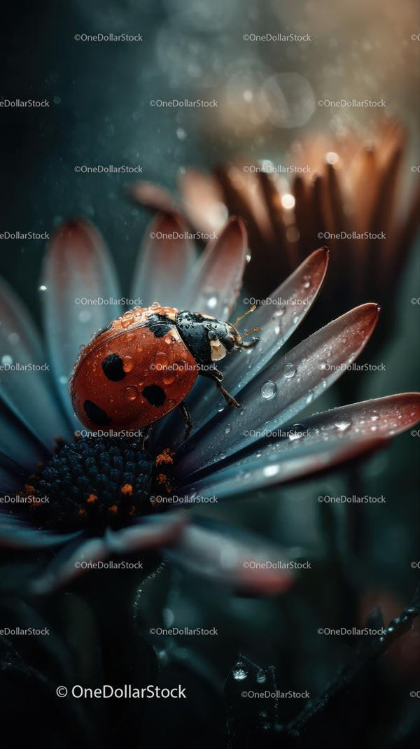 Ladybug on Dew-Kissed Flower Petals
