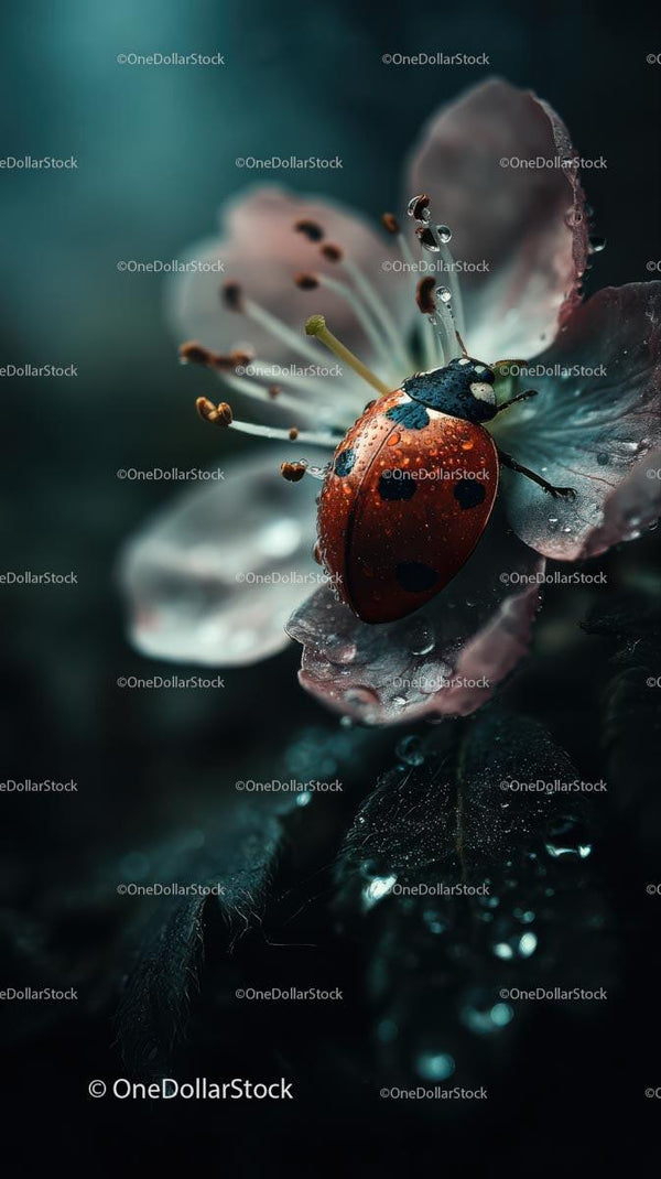 Ladybug on Dew-Kissed Flower in Lush Garden