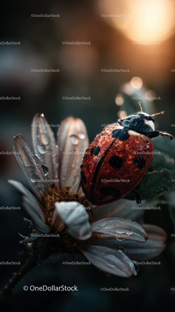 Ladybug Resting on Dew-Kissed Daisy in Soft Light