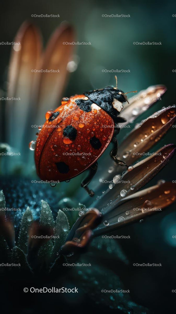 Ladybug with Dew Drops Resting on a Leaf