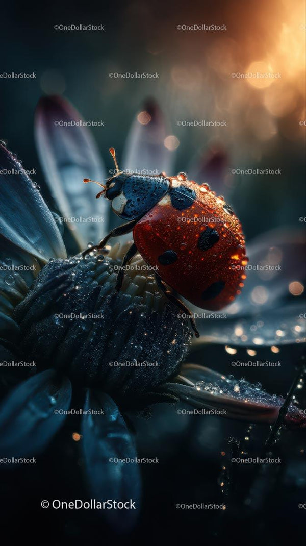 Close-Up of a Ladybug on a Dew-Covered Flower
