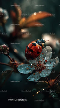 Ladybug on Dew-Kissed Cherry Blossom in Spring