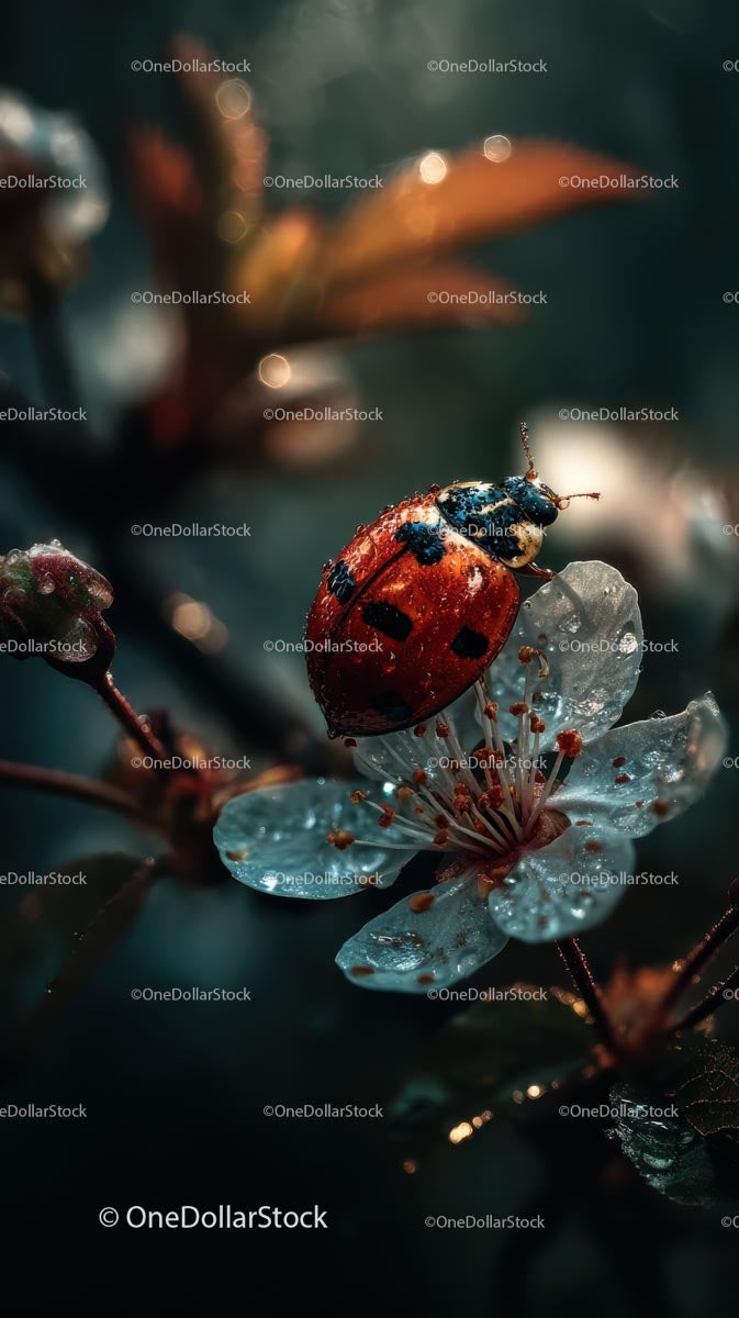 Ladybug on Dew-Kissed Cherry Blossom in Spring