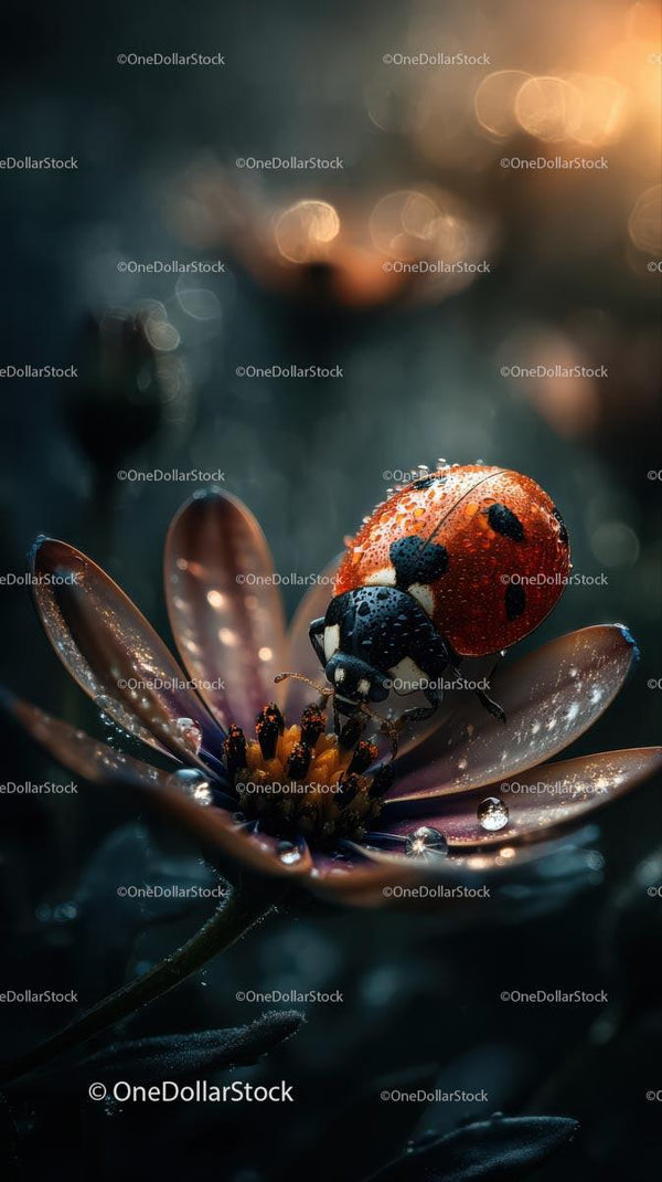 Vibrant Ladybug on Dew-Kissed Flower Petal