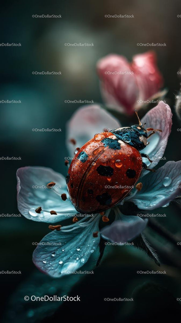 Red Ladybug on Dew-Kissed Petals