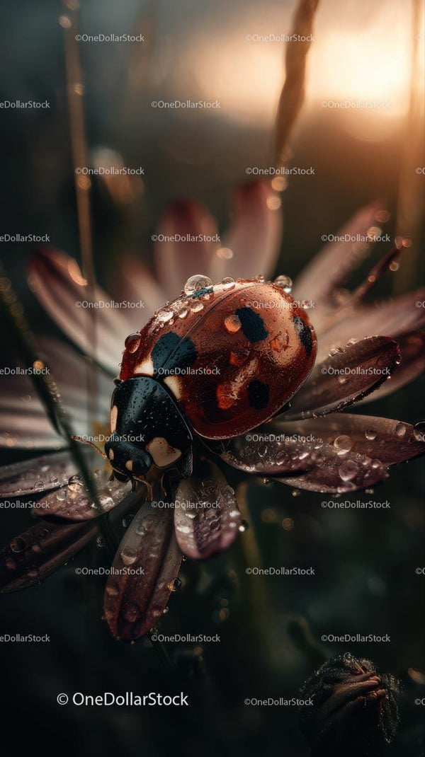 Ladybug Resting on Dew-Kissed Flower at Dusk