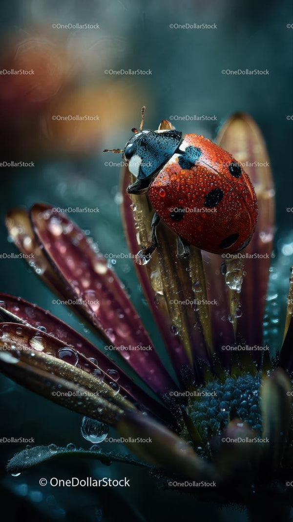 Ladybug Resting on a Dewy Flower Petal