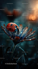 Ladybug on a Flower with Dewdrops in Soft Morning Light
