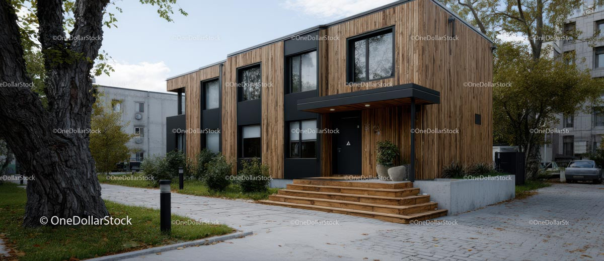 Modern Wooden Facade of Sustainable Urban Building