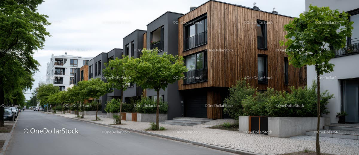 Modern Residential Buildings with Wooden Facades and Trees