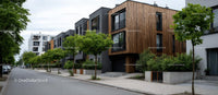 Modern Residential Buildings with Wooden Facades and Trees