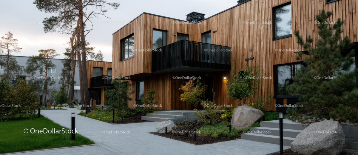 Modern Wooden Facade in Eco-Friendly Residential Area