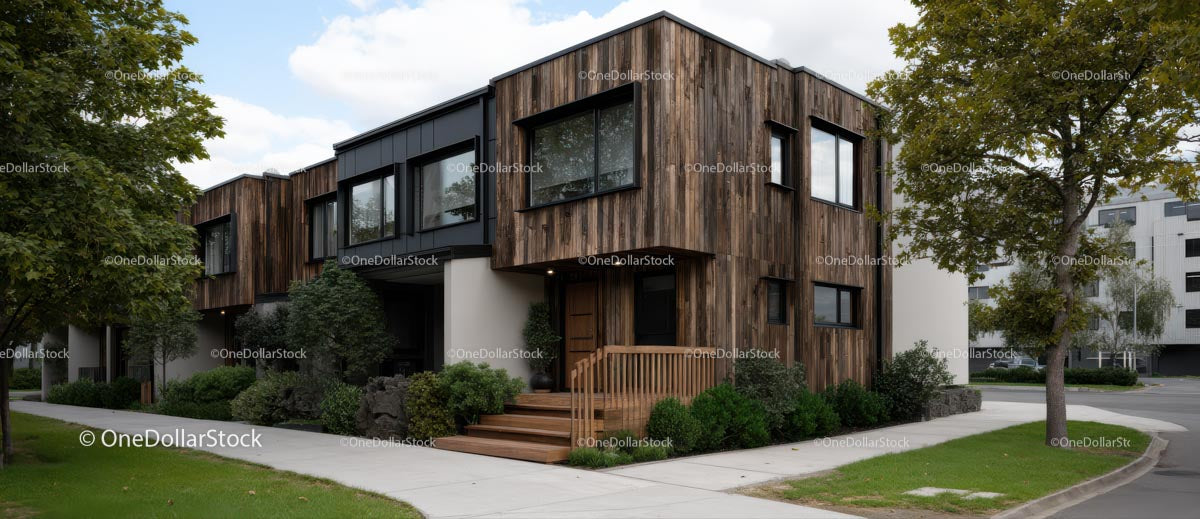 Modern Wooden Facade House with Green Landscaping
