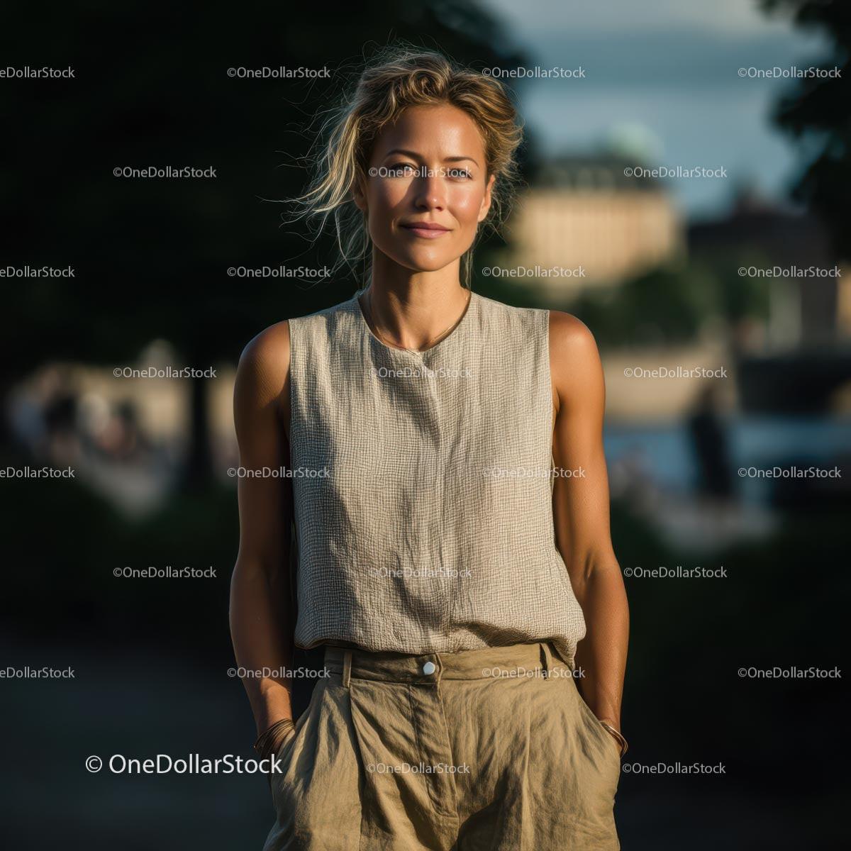 Confident Woman in Casual Summer Attire at Golden Hour