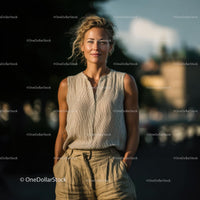 Confident Woman in Beige Outfit Under Sunny Skies