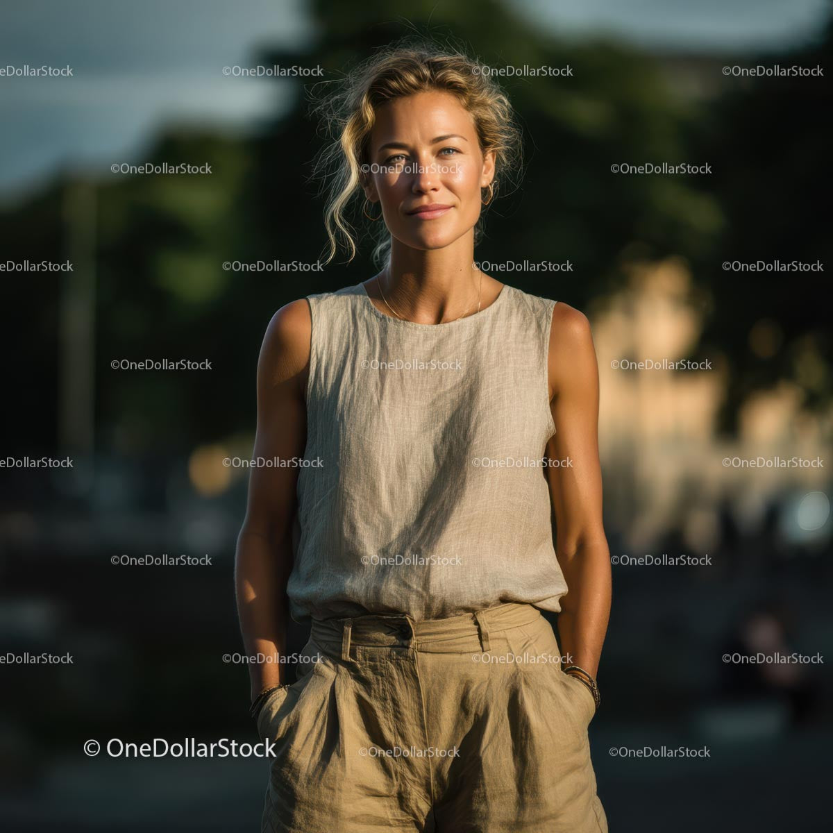 Elegant Woman in Linen Outfit on a Sunny Day