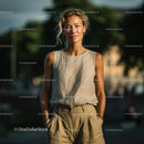 Elegant Woman in Linen Outfit on a Sunny Day