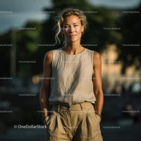 Elegant Woman in Linen Outfit on a Sunny Day