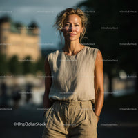 Woman in Casual Summer Outfit Smiling in Urban Setting