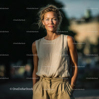 Elegant Woman in Casual Summer Outfit in Cityscape