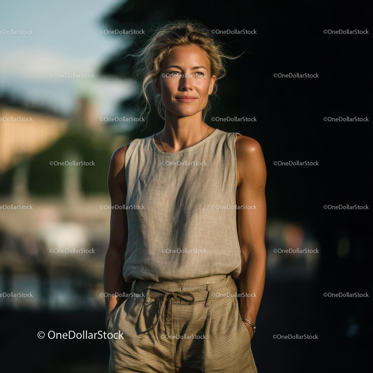 Elegant Woman in Linen Outfit on a Sunny Day