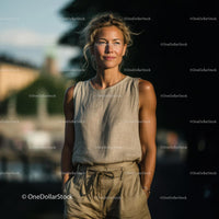 Elegant Woman in Linen Outfit on a Sunny Day