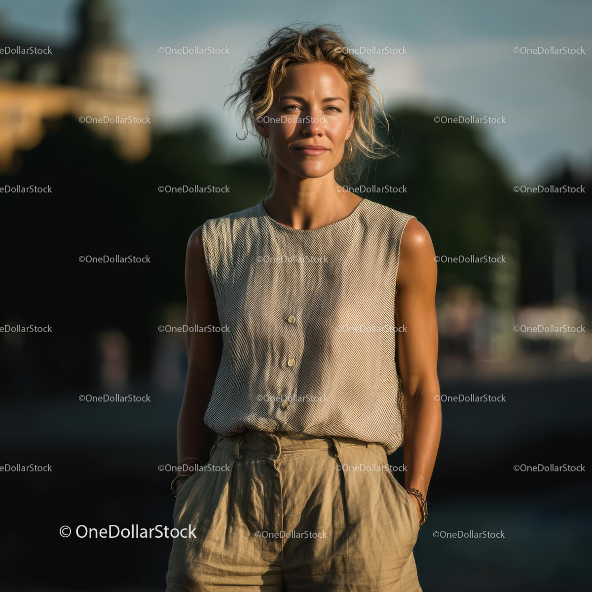 Elegant Woman in Linen Outfit on a Sunny Day